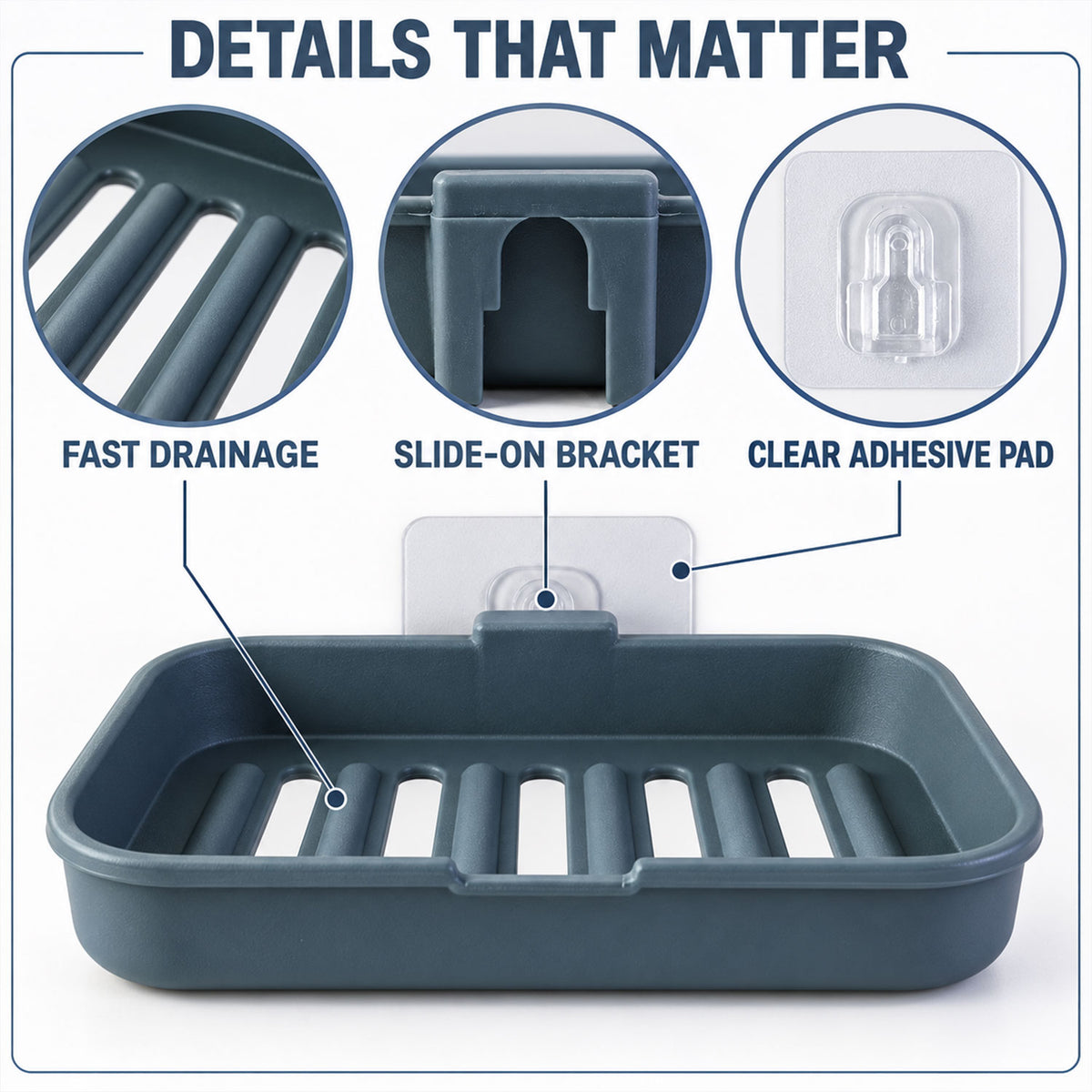 Wall mounted draining soap dish set - adhesive bracket and drainage details
