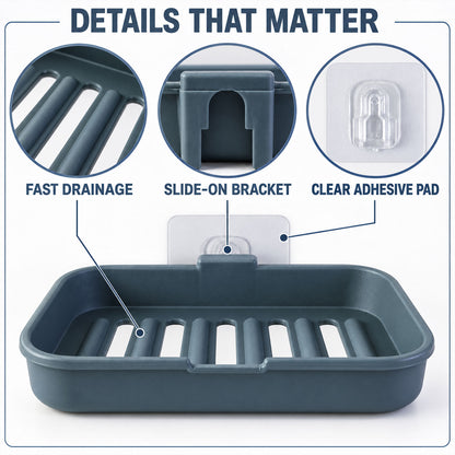 Wall mounted draining soap dish set - adhesive bracket and drainage details