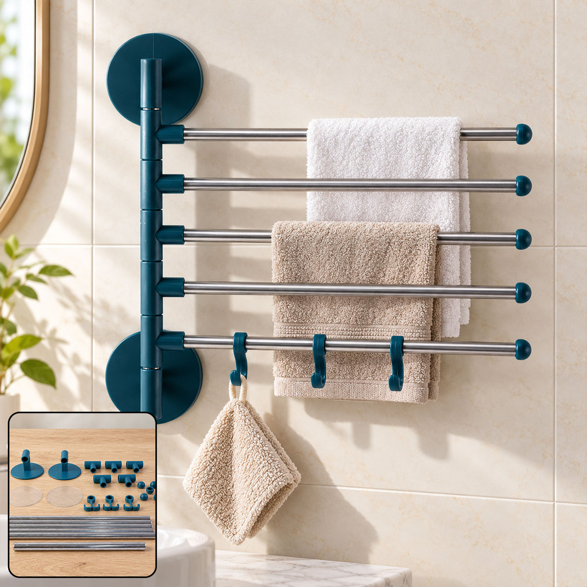 Five arm swivel towel and pant rack - display with inset