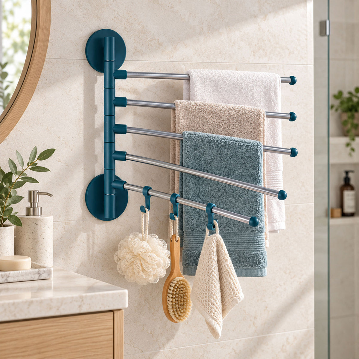 Five arm swivel towel and pant rack - towel arrangement