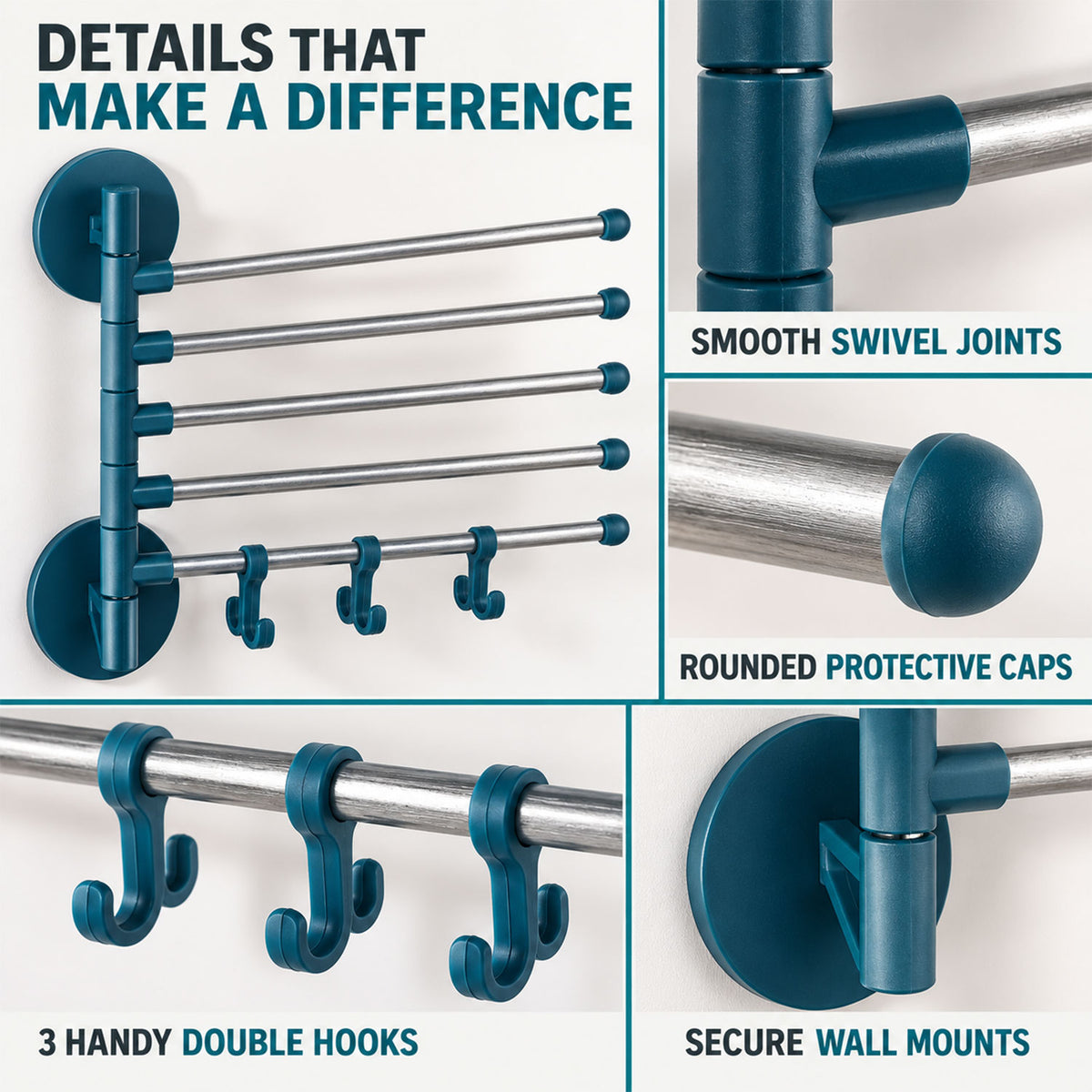Five arm swivel towel and pant rack - joints and hooks