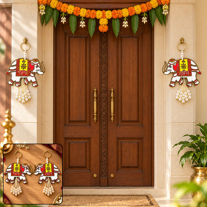 Wooden elephant Shubh Labh wall hanging set - doorway display