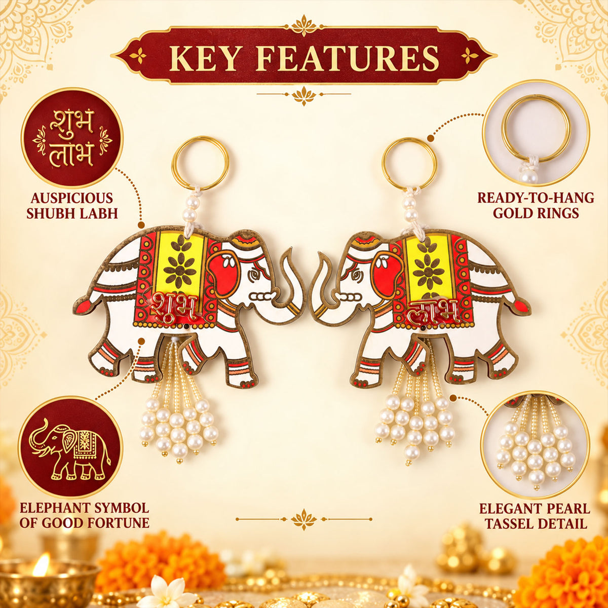 Wooden elephant Shubh Labh wall hanging set - design features