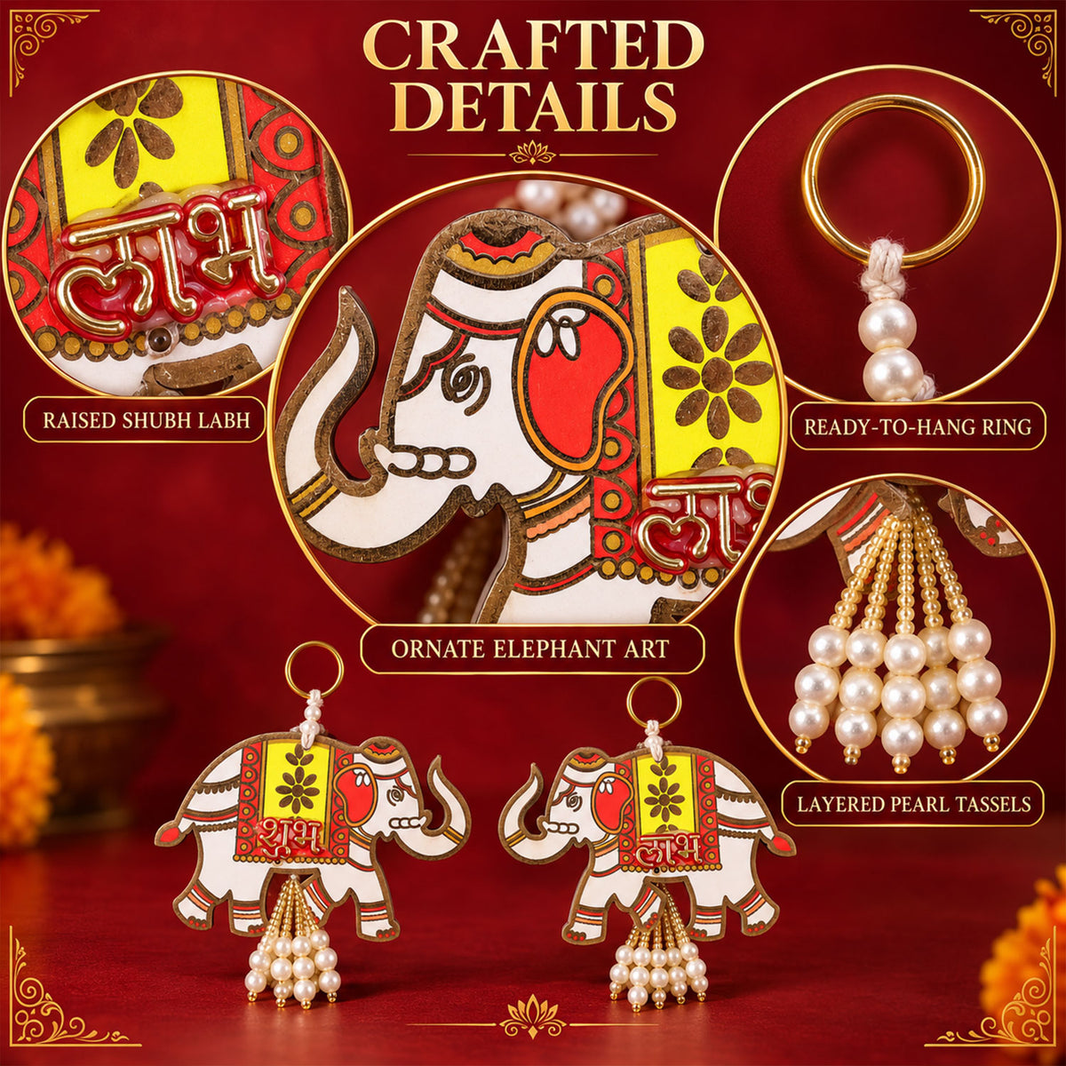 Wooden elephant Shubh Labh wall hanging set - decorative details