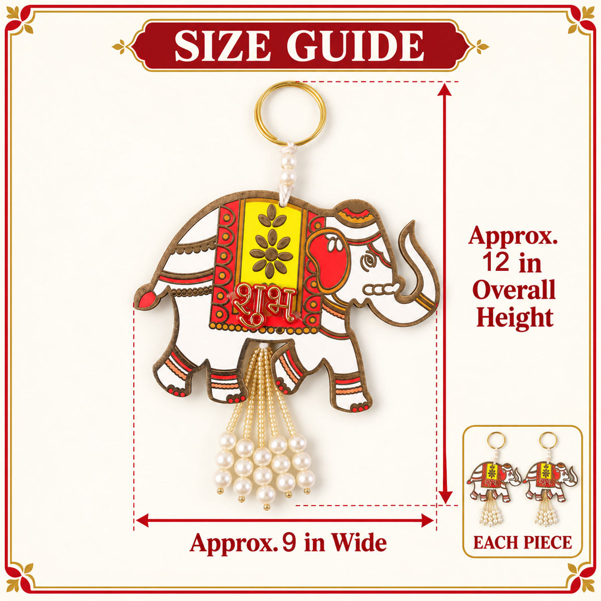 Wooden elephant Shubh Labh wall hanging set - dimensions