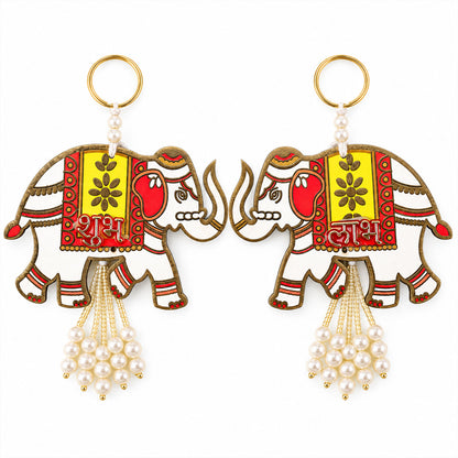 Wooden elephant Shubh Labh wall hanging set - white background