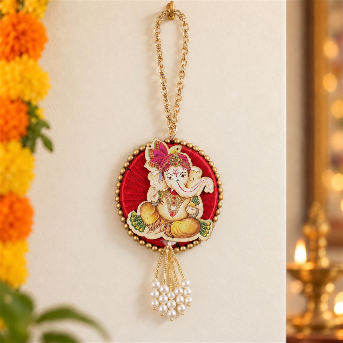 Ganesh decorative hanging with chain and bead tassels - wall display
