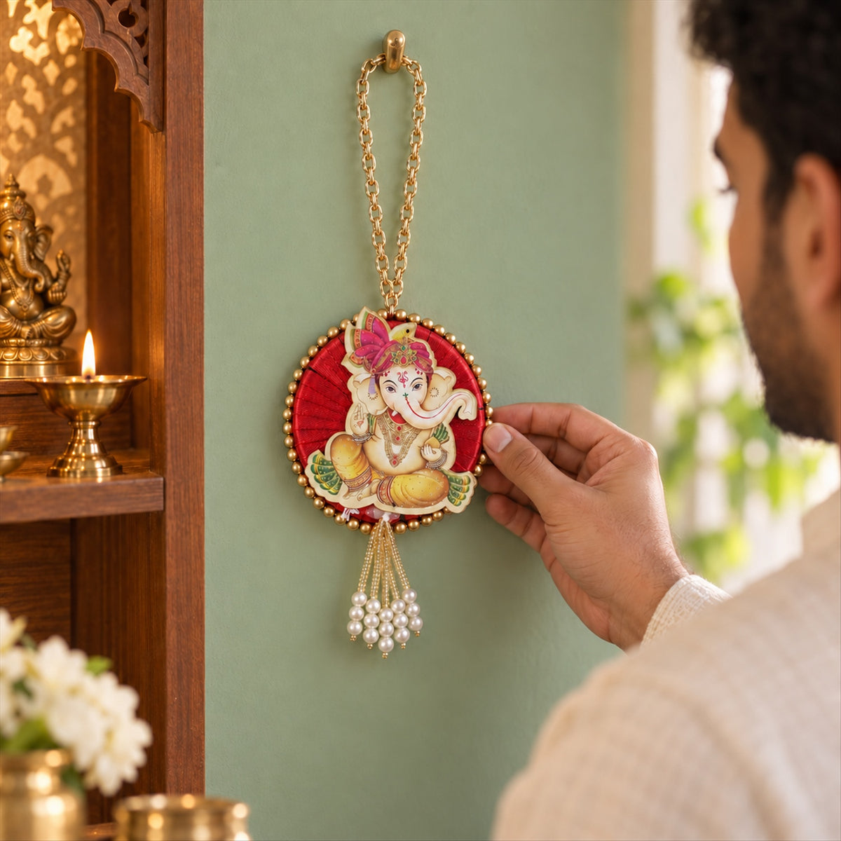 Ganesh decorative hanging with chain and bead tassels - pooja corner display