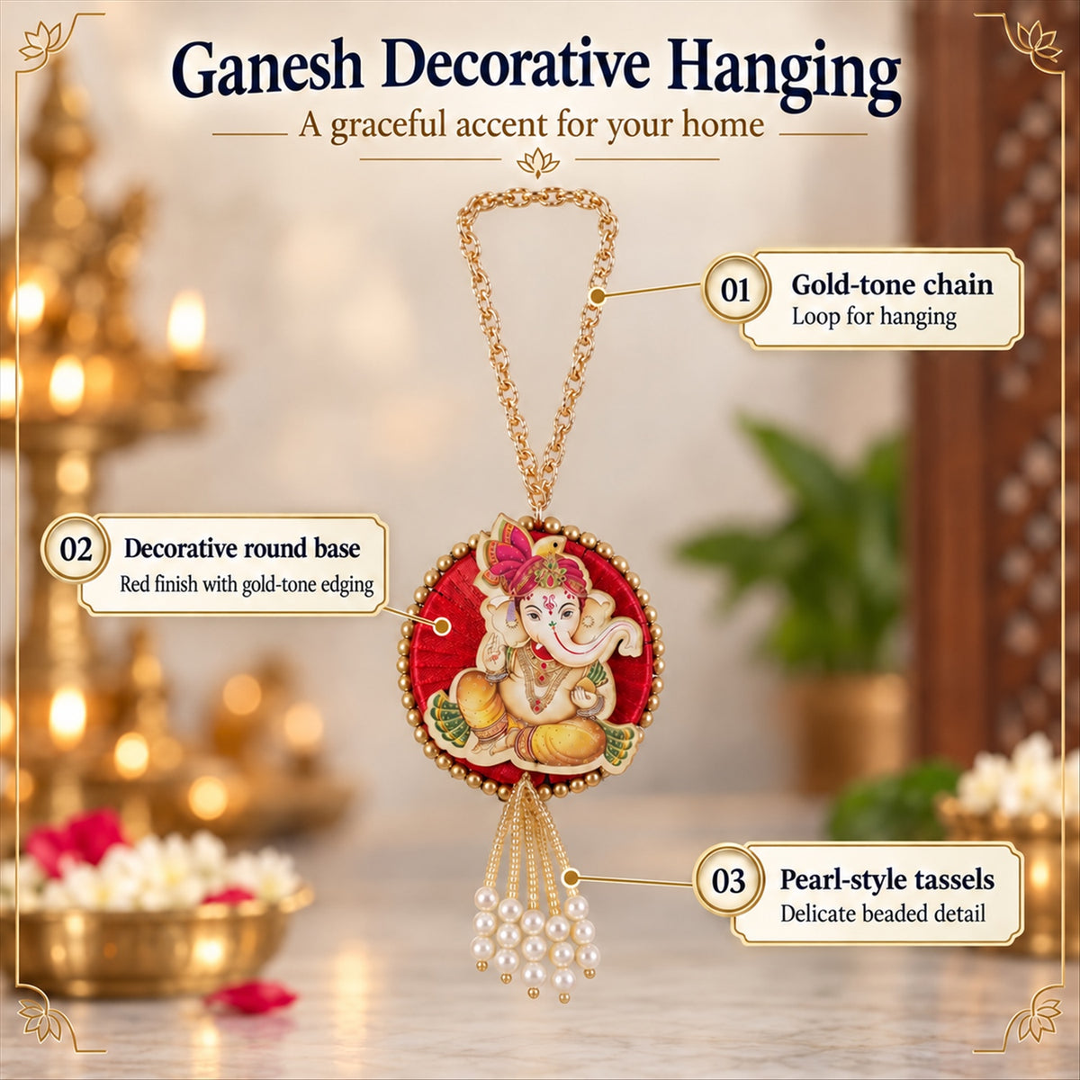 Ganesh decorative hanging with chain and bead tassels - design features