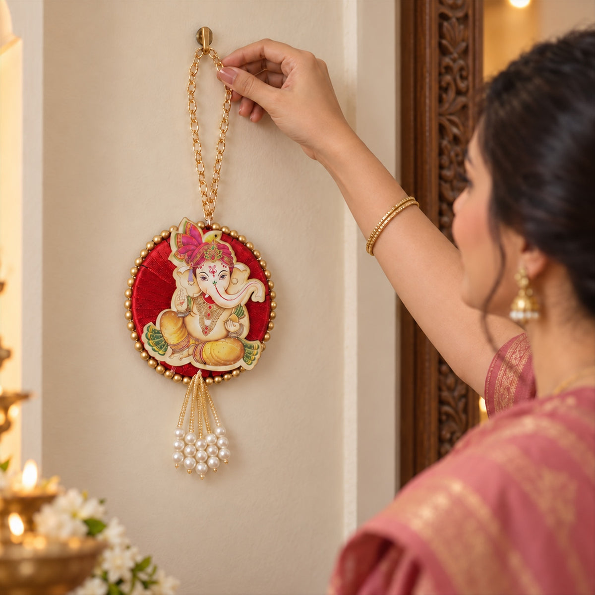 Ganesh decorative hanging with chain and bead tassels - hanging demonstration