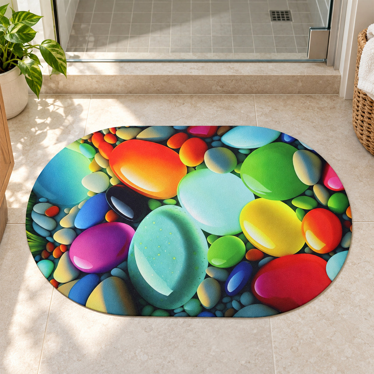 Colourful pebble print oval floor mat 02