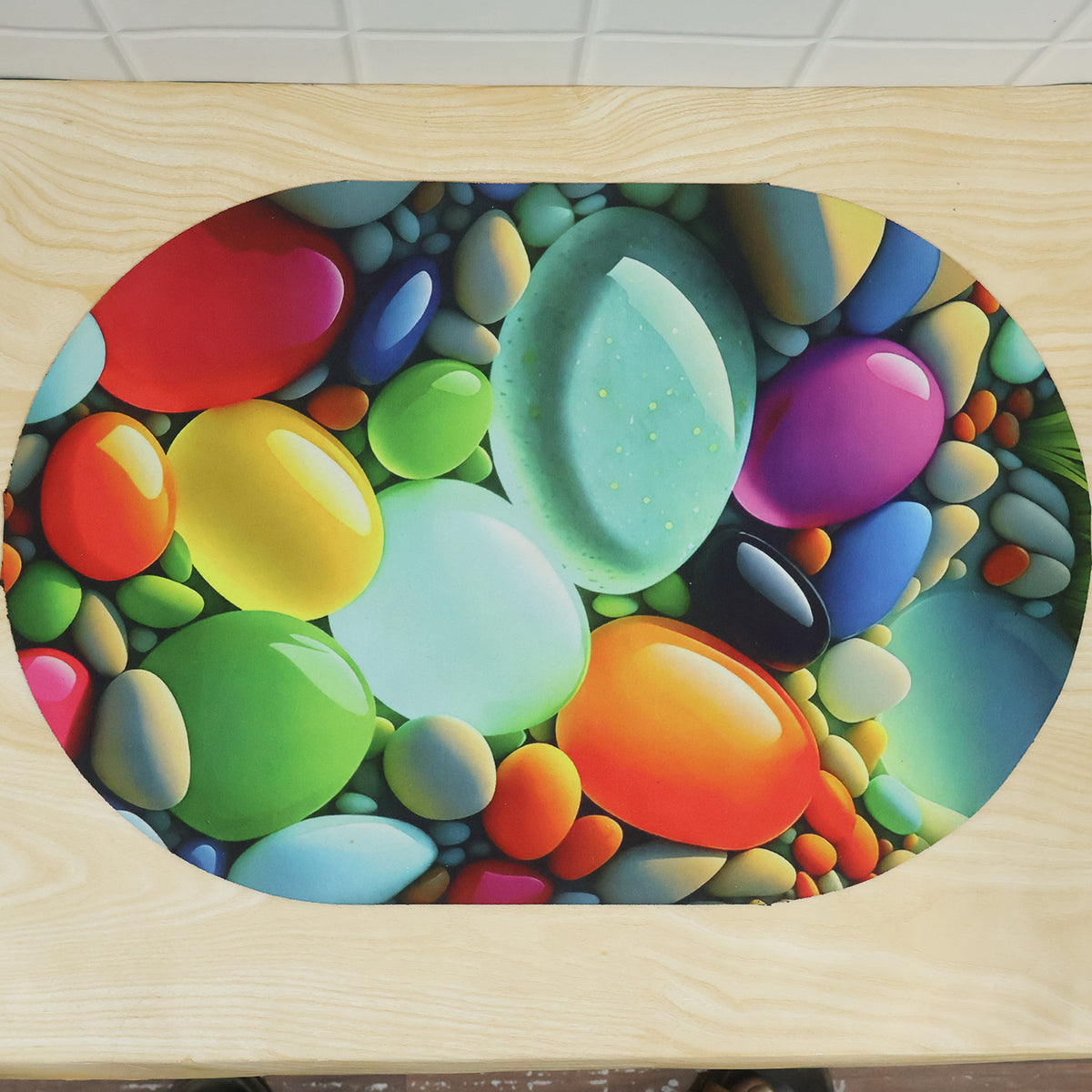 Colourful pebble print oval floor mat 09