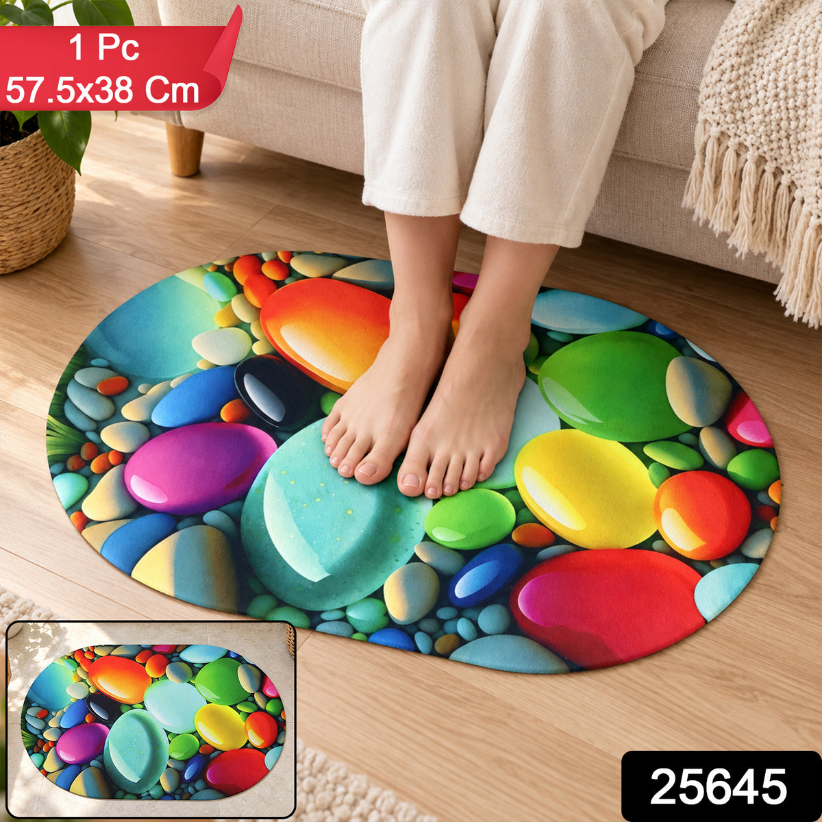 Colourful pebble print oval floor mat 1 Pc 57.5x38 Cm label