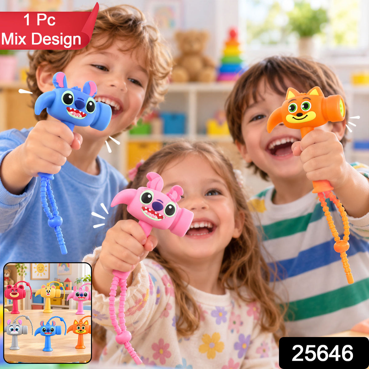 Cartoon sound hammer keychain toy in assorted designs, supplied SKU photo