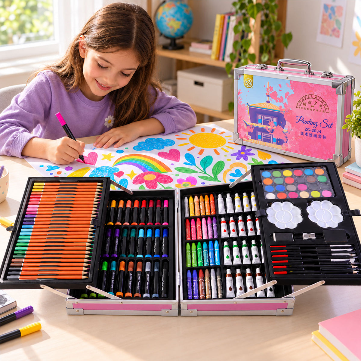 A young girl draws a colorful sun and rainbow on paper with a pink marker, next to an open art kit.