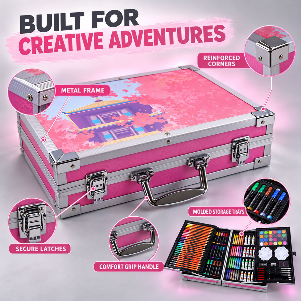 A closed pink art kit with a metal frame, reinforced corners, secure latches, and a comfort grip handle.