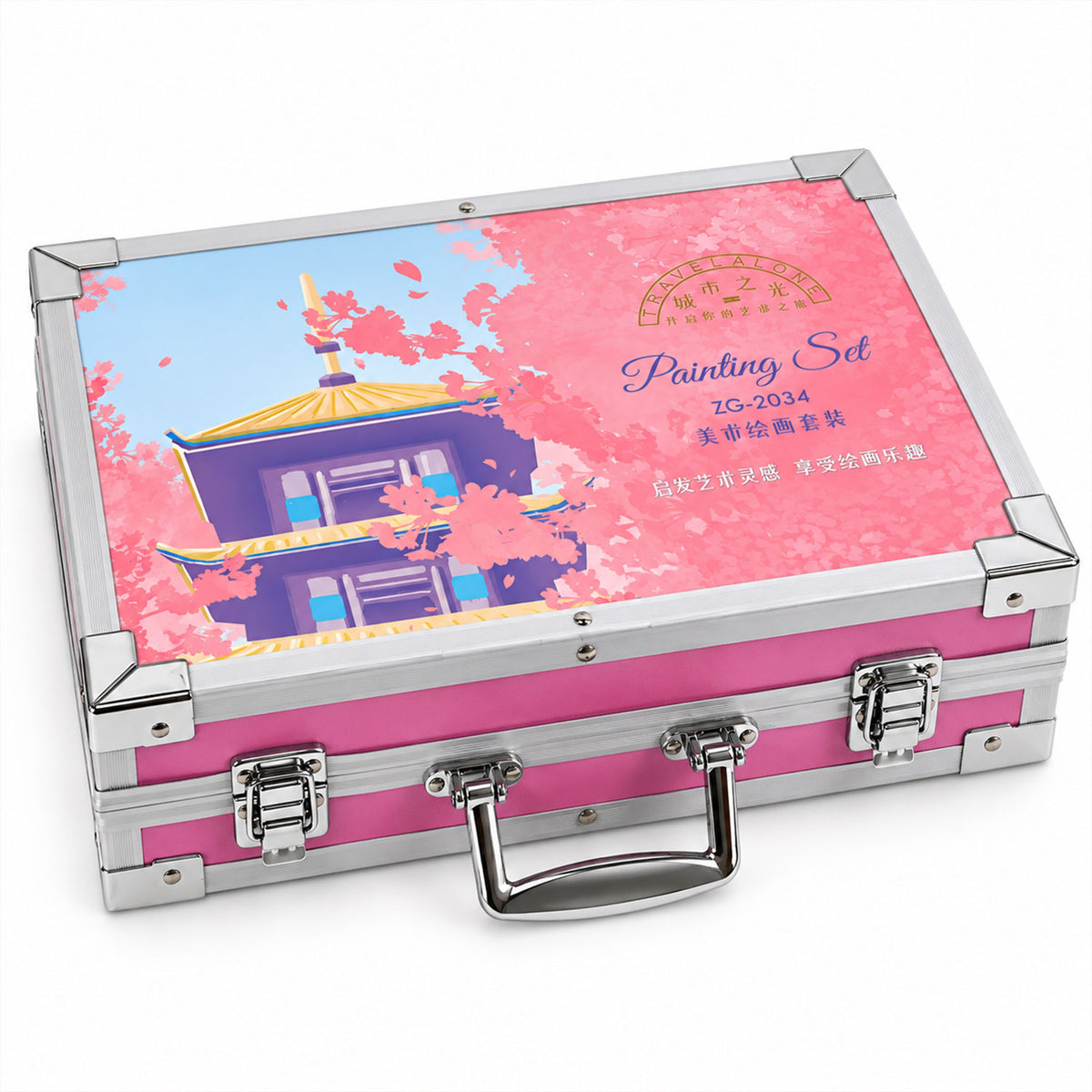 A closed pink metal art case features an illustration of a pagoda surrounded by cherry blossoms.