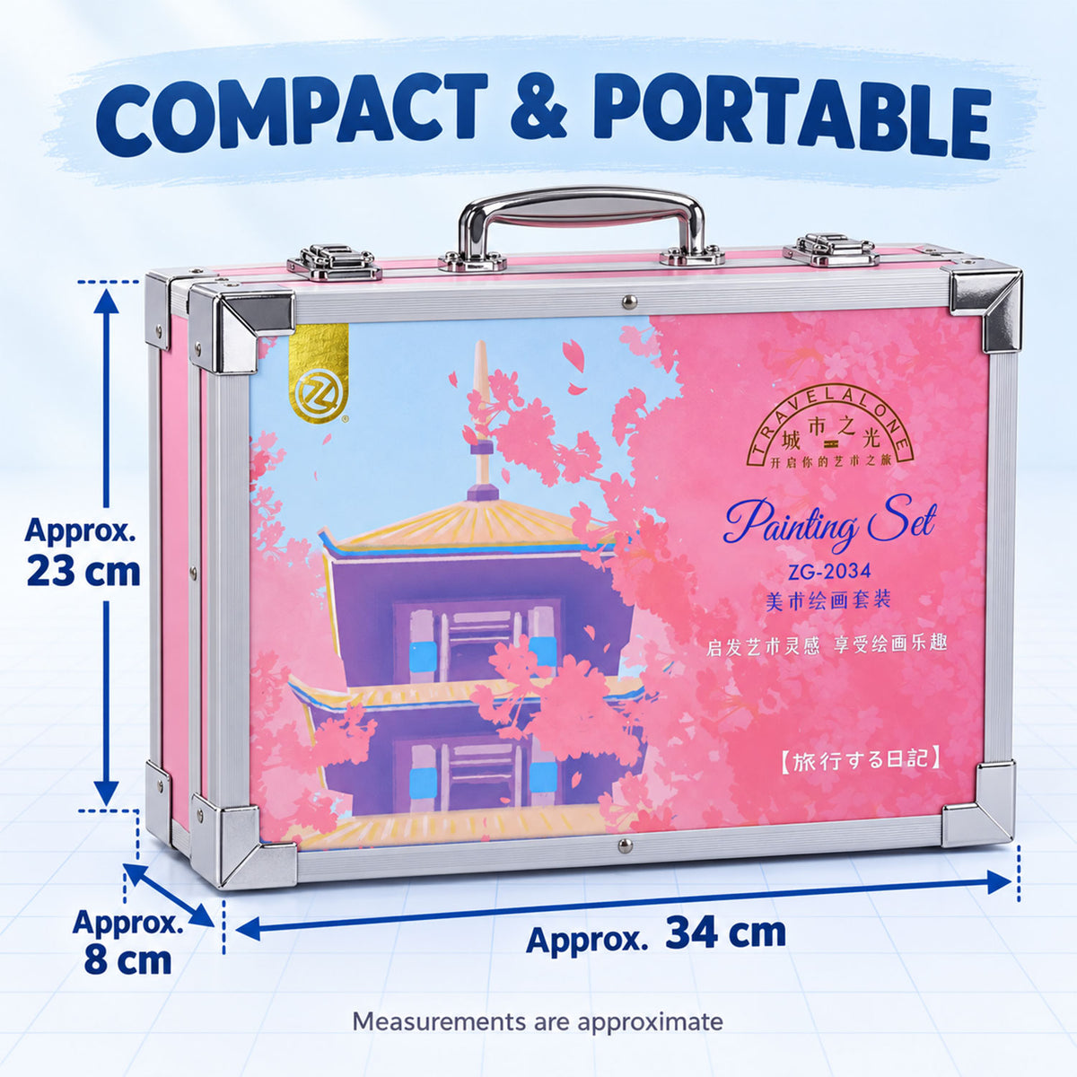 A pink art case with a pagoda design, showing approximate dimensions of 23 cm height and 34 cm width.