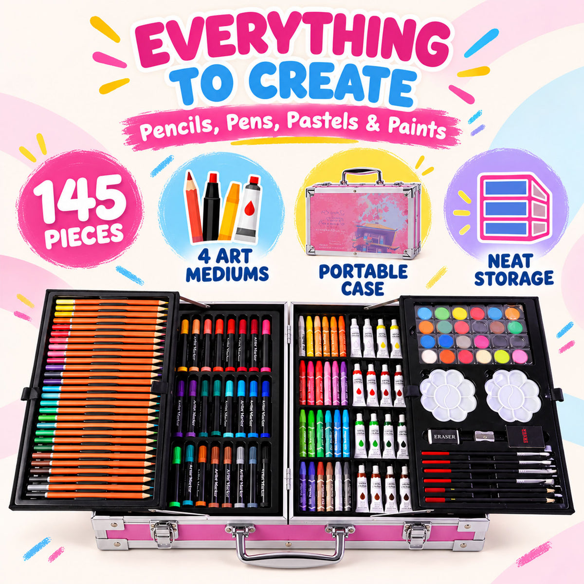 An open art kit shows 145 pieces of pencils, pens, pastels, and paints, neatly stored in a portable case.