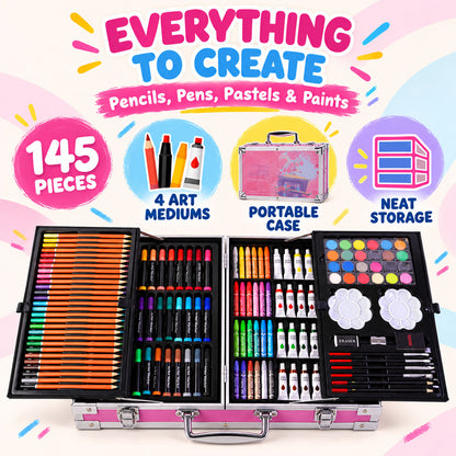 An open art kit shows 145 pieces of pencils, pens, pastels, and paints, neatly stored in a portable case.