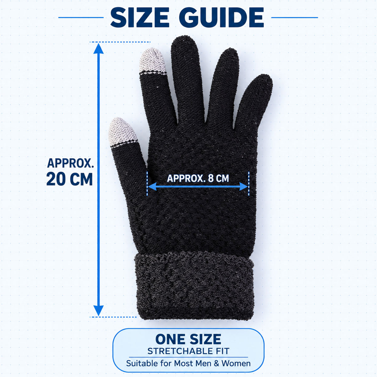 Touch screen knit winter gloves, size guide