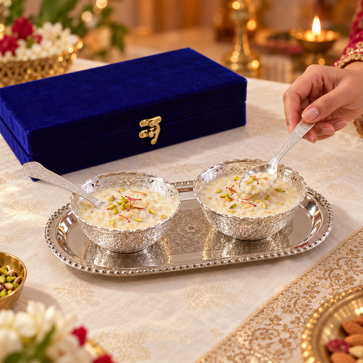 Decorative dry fruit serving set with bowls spoons tray and velvet box 01