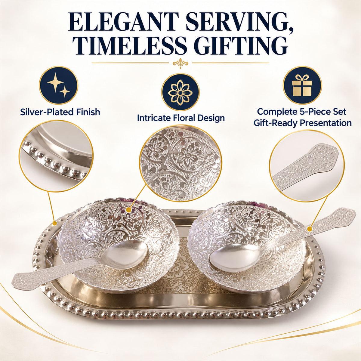 Decorative dry fruit serving set with bowls spoons tray and velvet box 02