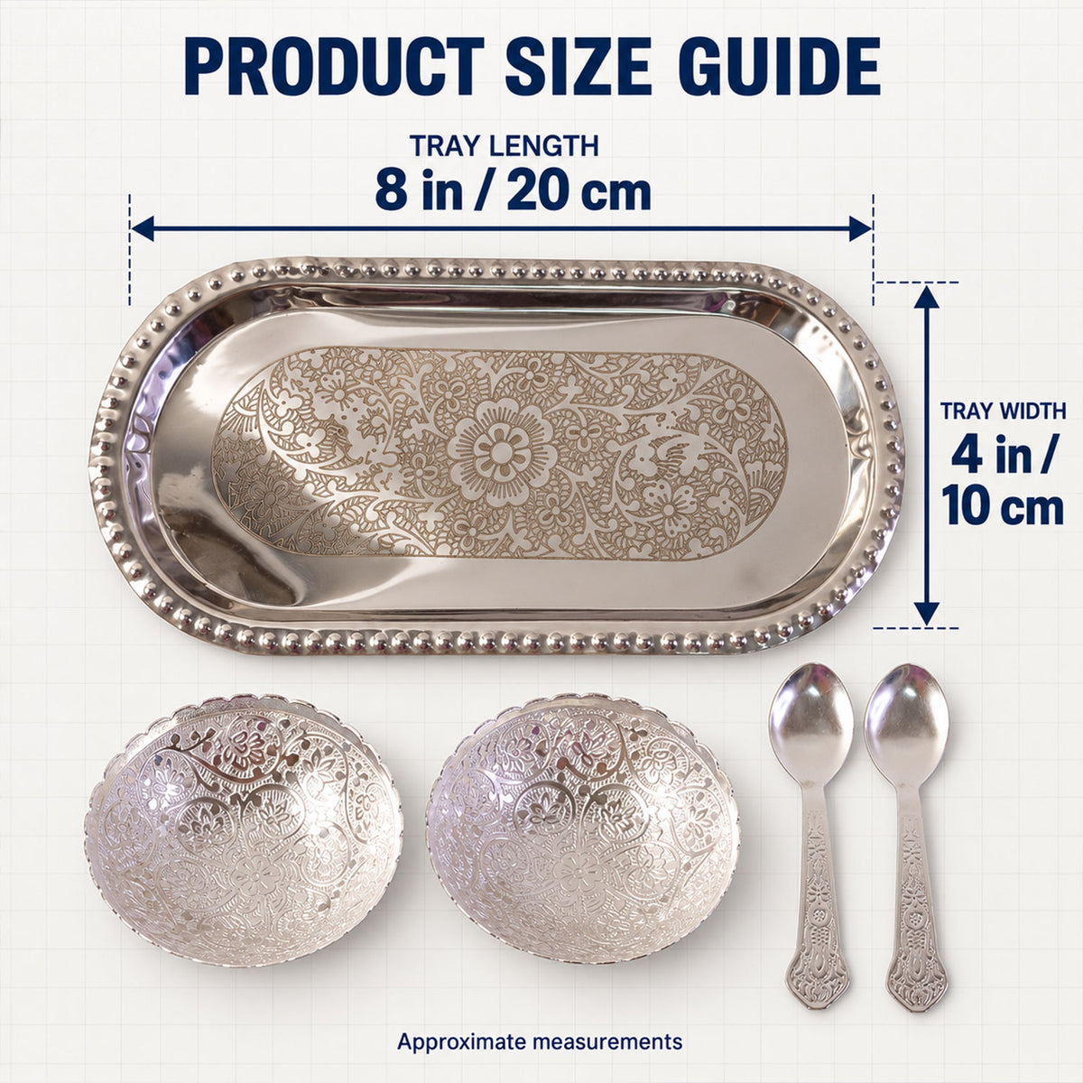 Decorative dry fruit serving set with bowls spoons tray and velvet box tray approximate 20x10 Cm