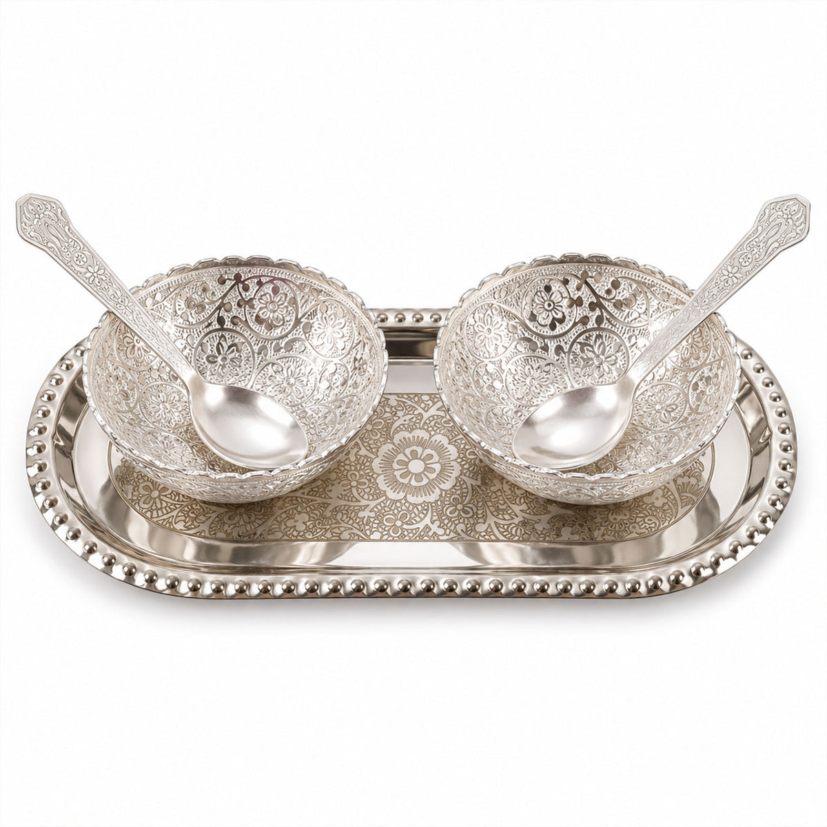 Decorative dry fruit serving set with bowls spoons tray and velvet box 07