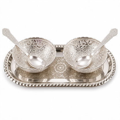 Decorative dry fruit serving set with bowls spoons tray and velvet box 07