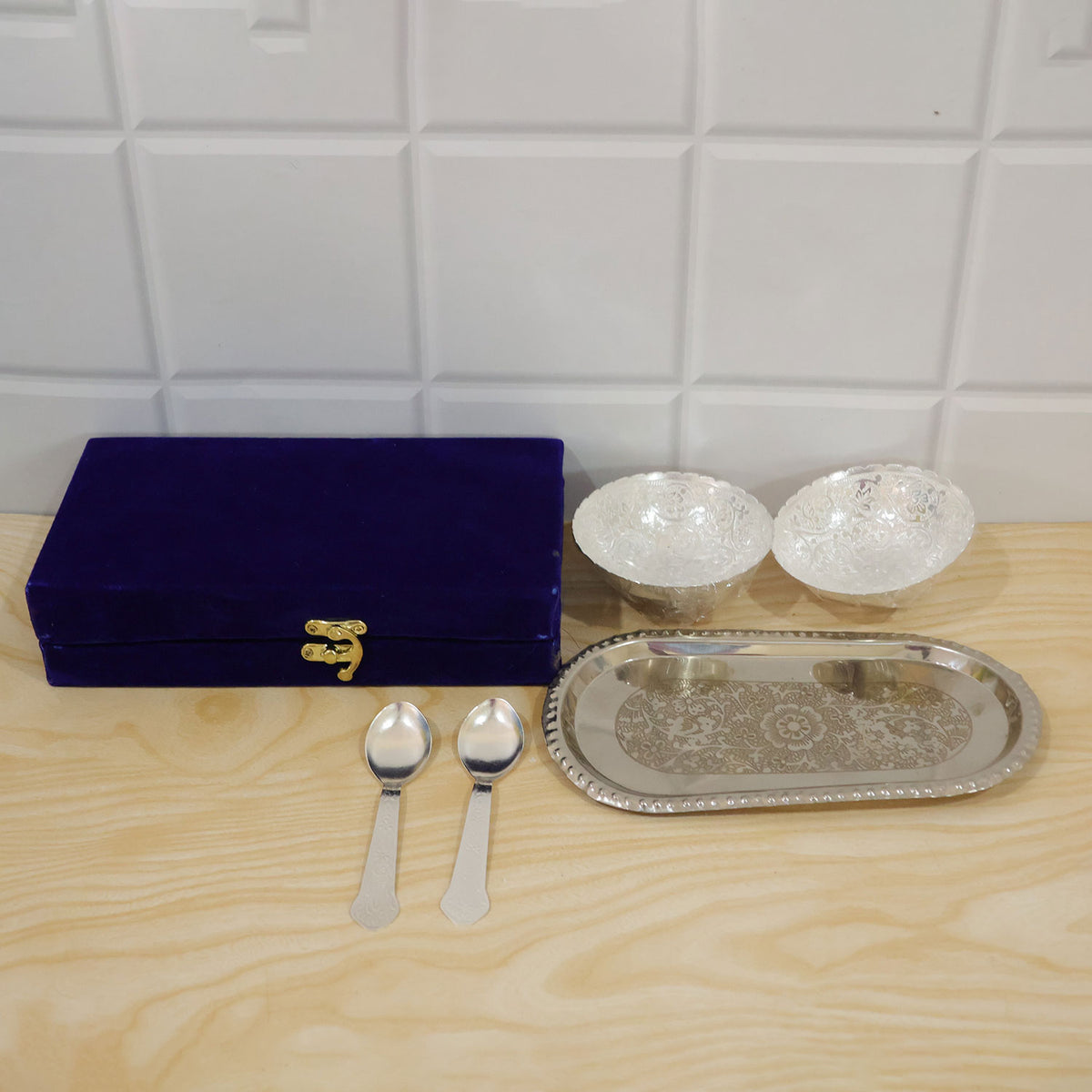 Decorative dry fruit serving set with bowls spoons tray and velvet box actual product