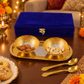 Golden Finish Dry Fruit Serving Bowl Set with Tray and Velvet Box (1 Set)