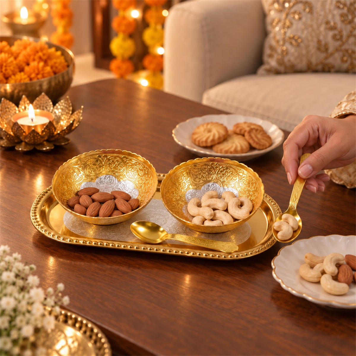 Golden finish dry fruit serving set with velvet box 02