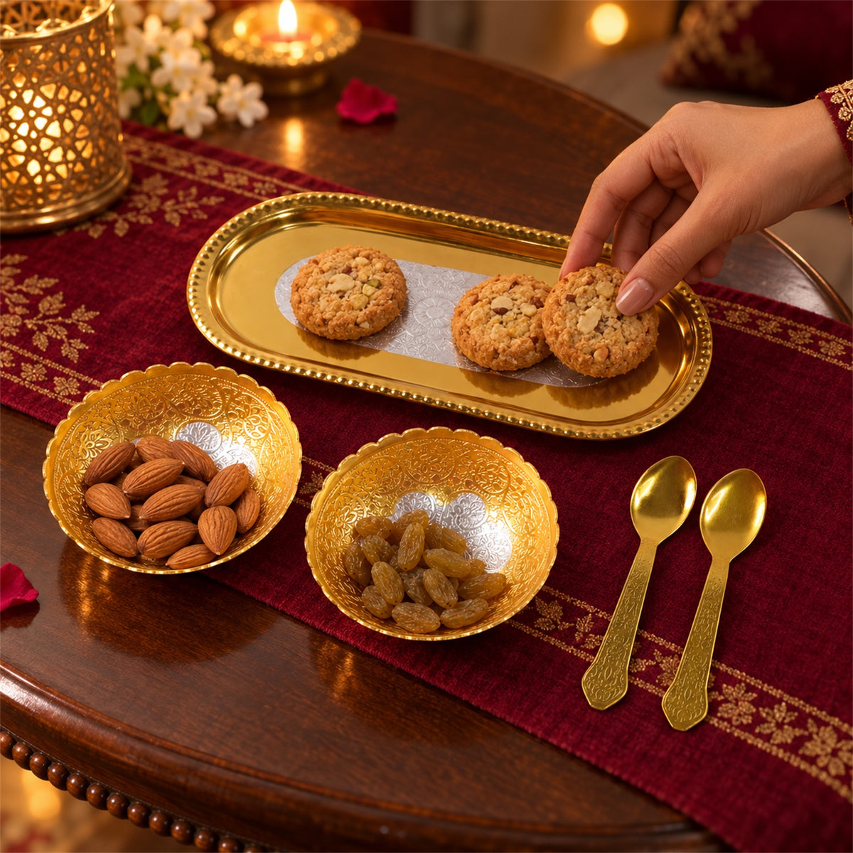 Golden finish dry fruit serving set with velvet box 03
