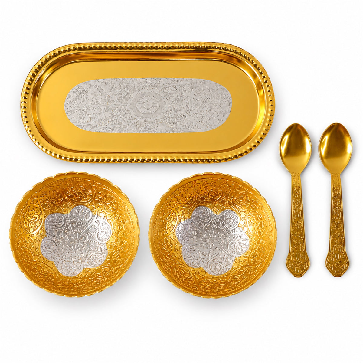 Golden finish dry fruit serving set with velvet box 04