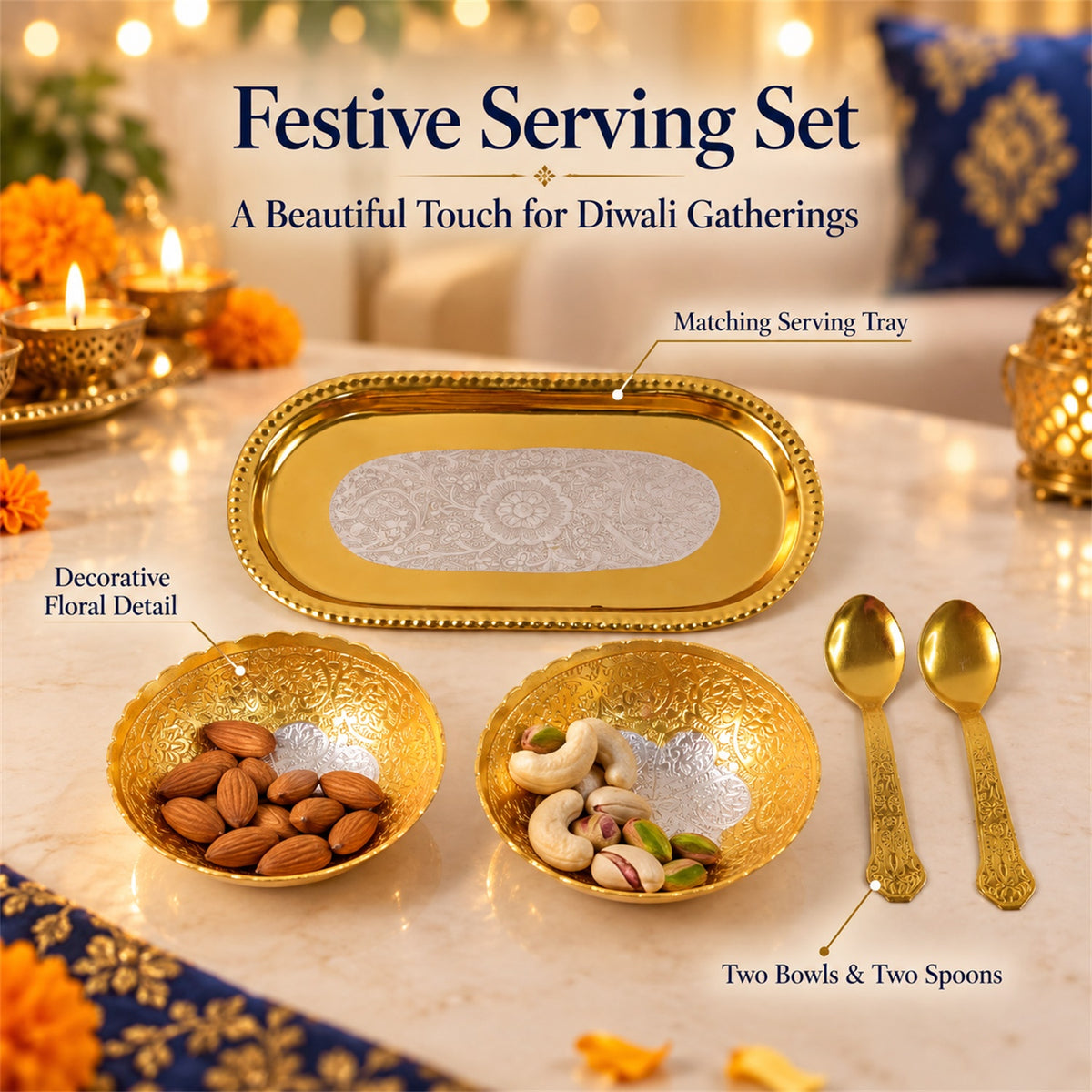Golden finish dry fruit serving set with velvet box 05