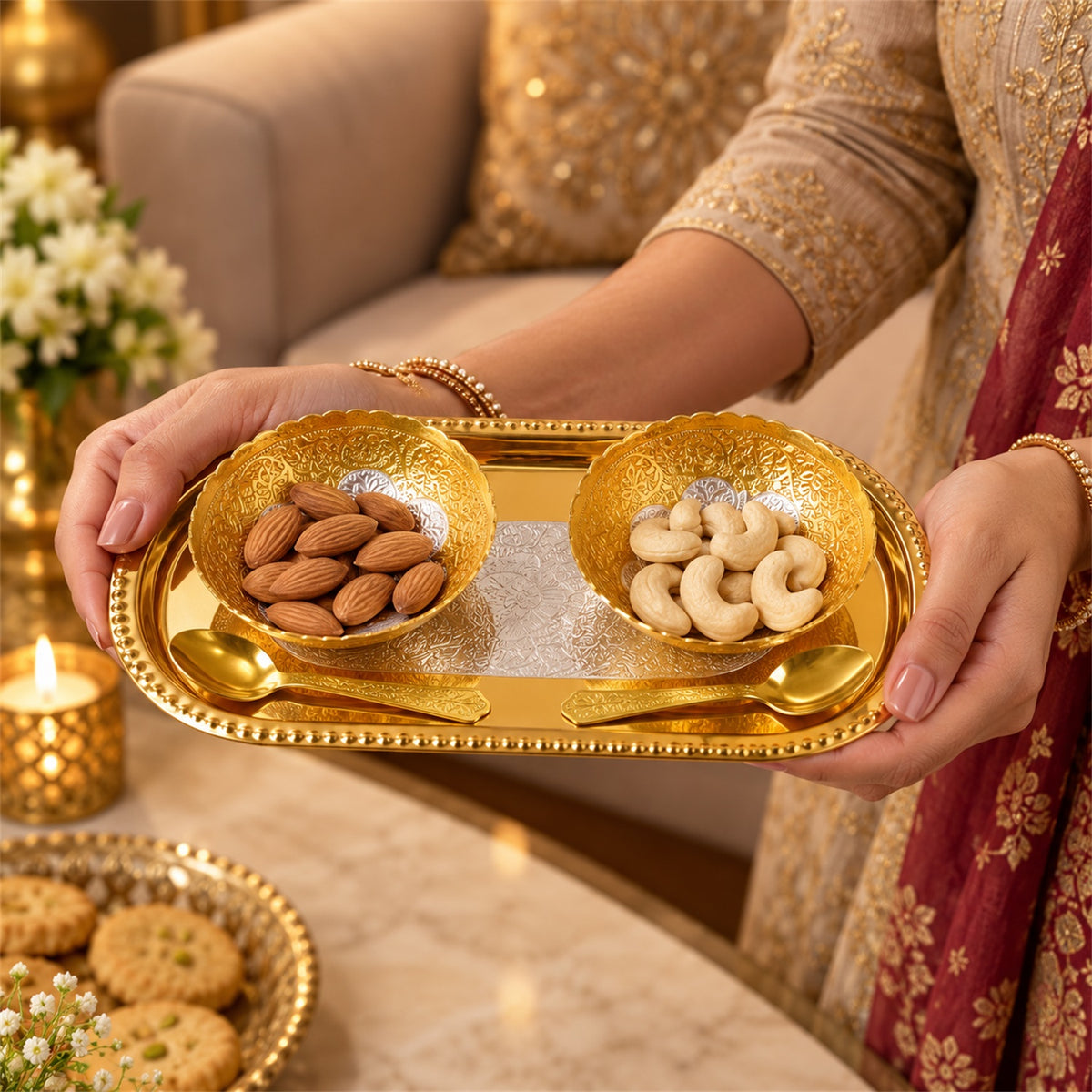 Golden finish dry fruit serving set with velvet box 07