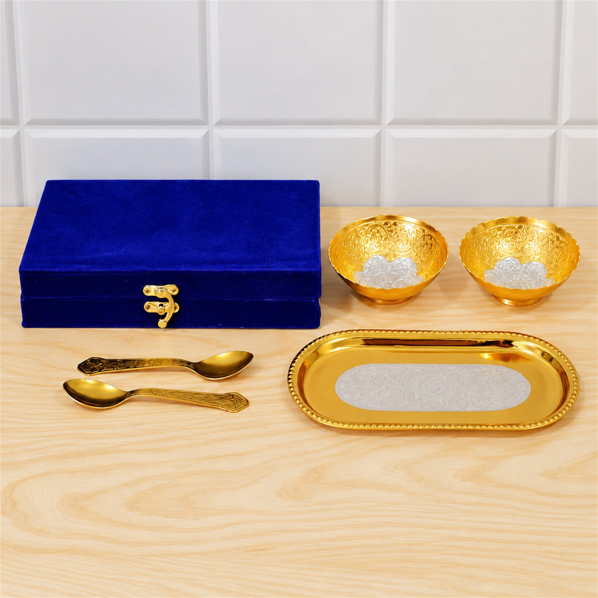 Golden finish dry fruit serving set with velvet box actual product