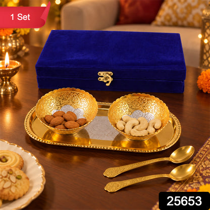 Golden finish dry fruit serving set with velvet box 1 Set label