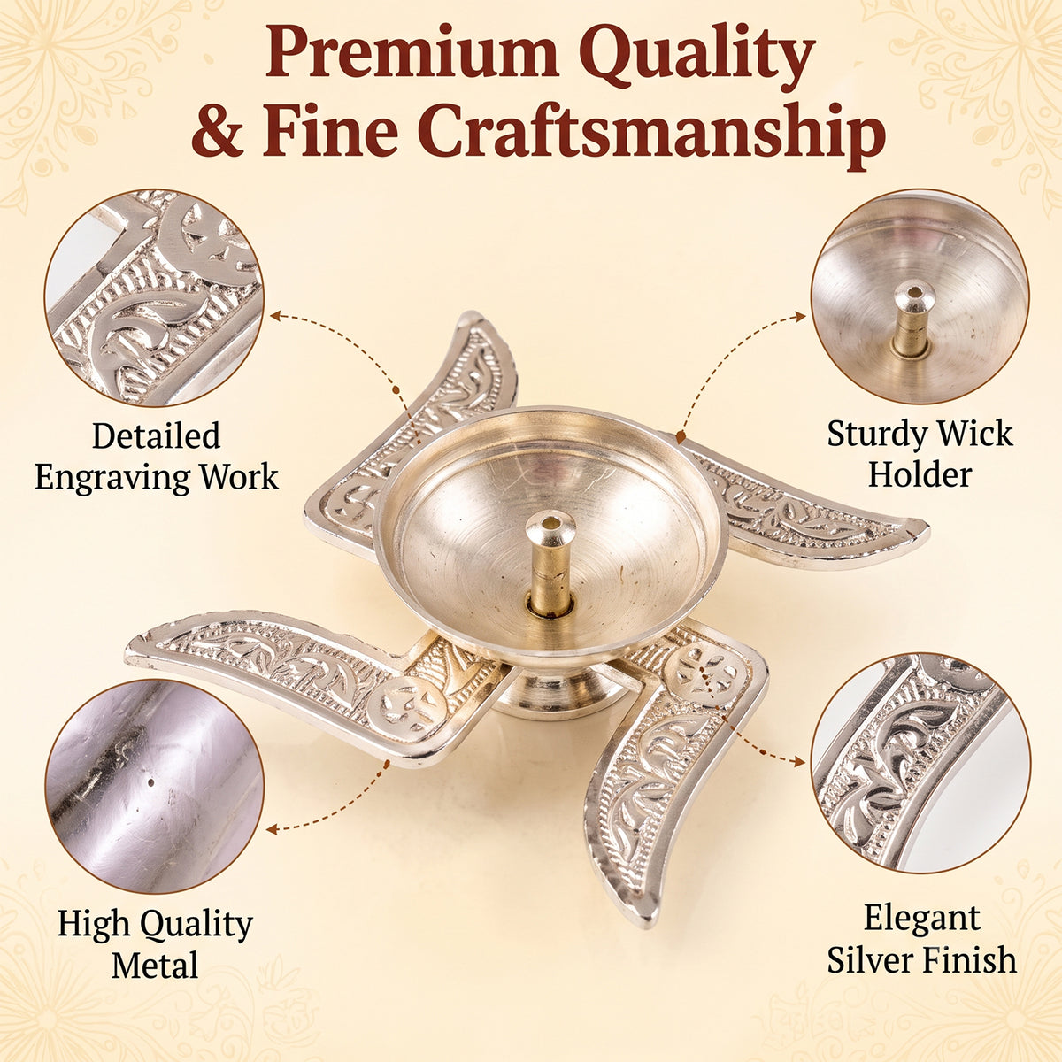 Silver finish traditional Swastik design diya with velvet box 03