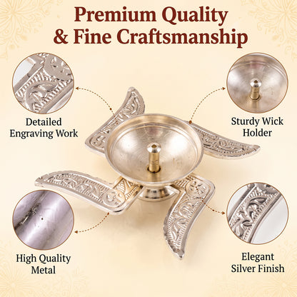 Silver finish traditional Swastik design diya with velvet box 03