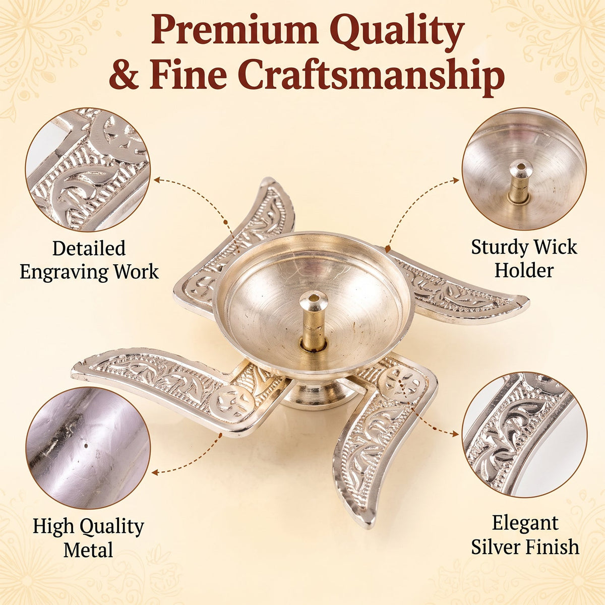 A silver Swastik diya with callouts highlighting its detailed engraving, sturdy wick holder, high-quality metal, and elegant