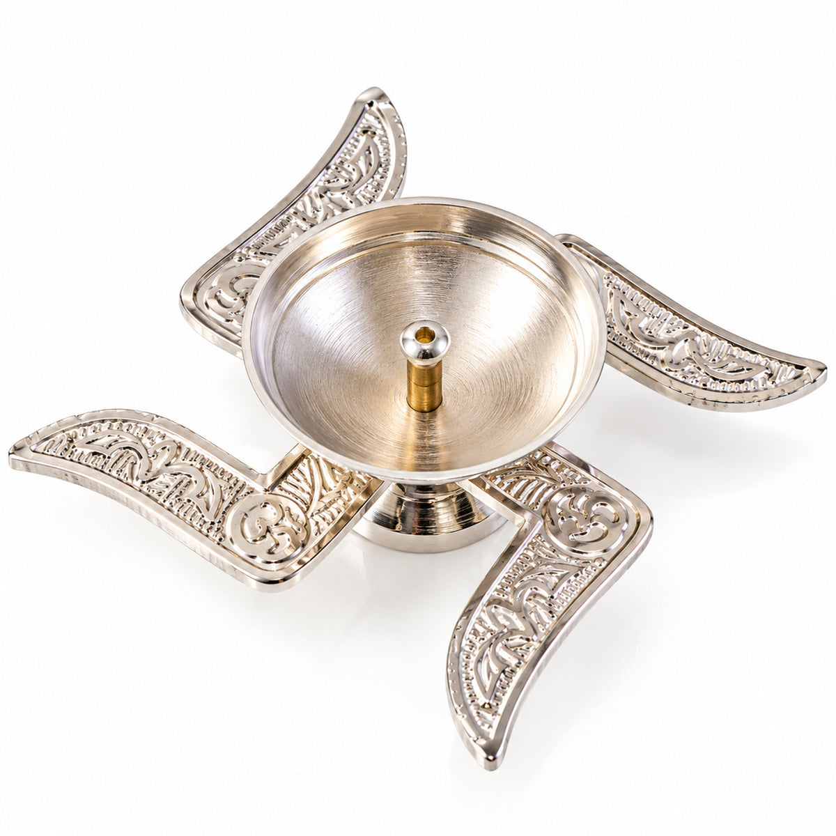 Silver finish traditional Swastik design diya with velvet box 04