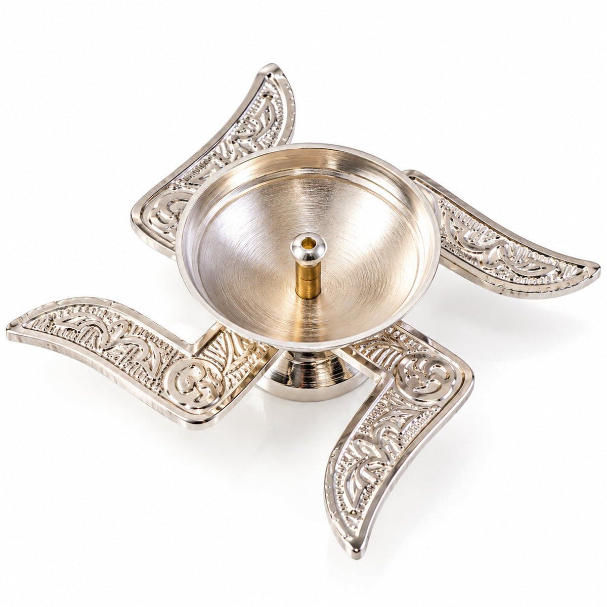 A silver Swastik design diya with a central wick holder is displayed on a clean white background.