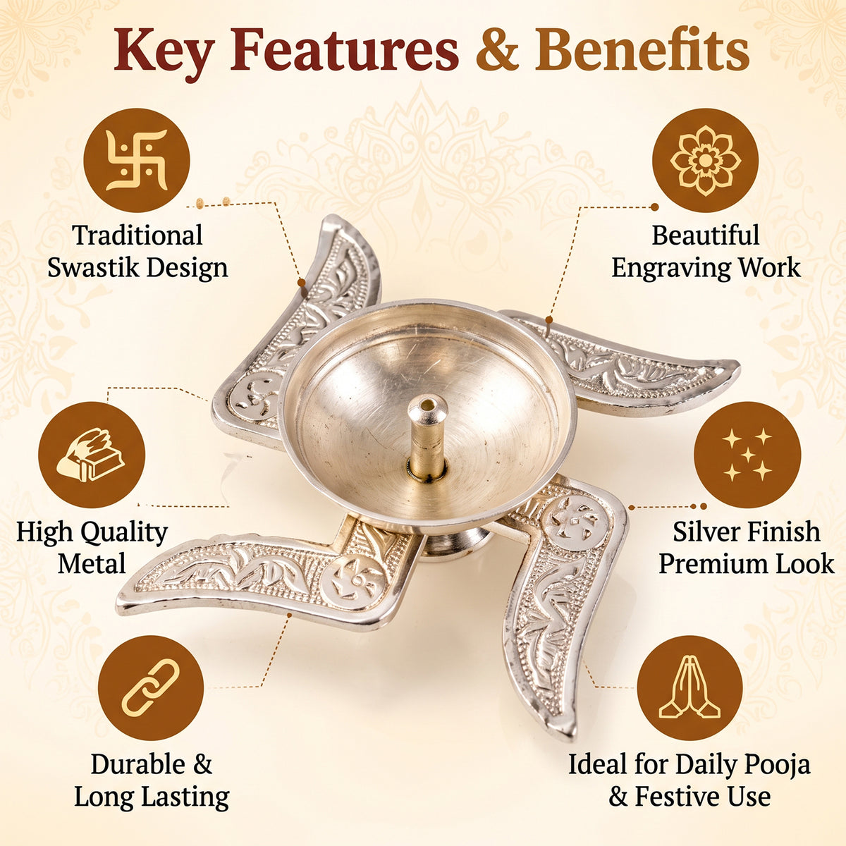 Silver finish traditional Swastik design diya with velvet box 06