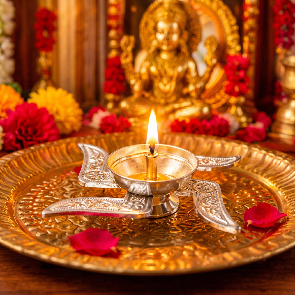 Silver finish traditional Swastik design diya with velvet box 08