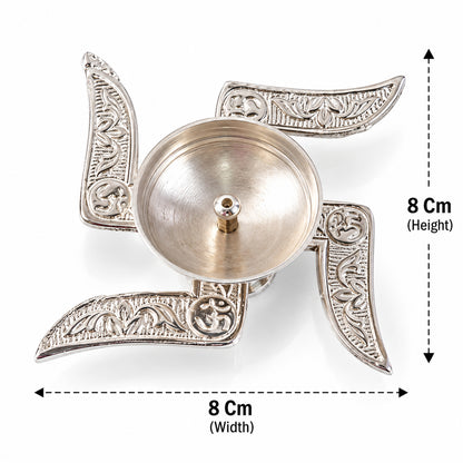 Silver finish traditional Swastik design diya with velvet box approximate dimensions