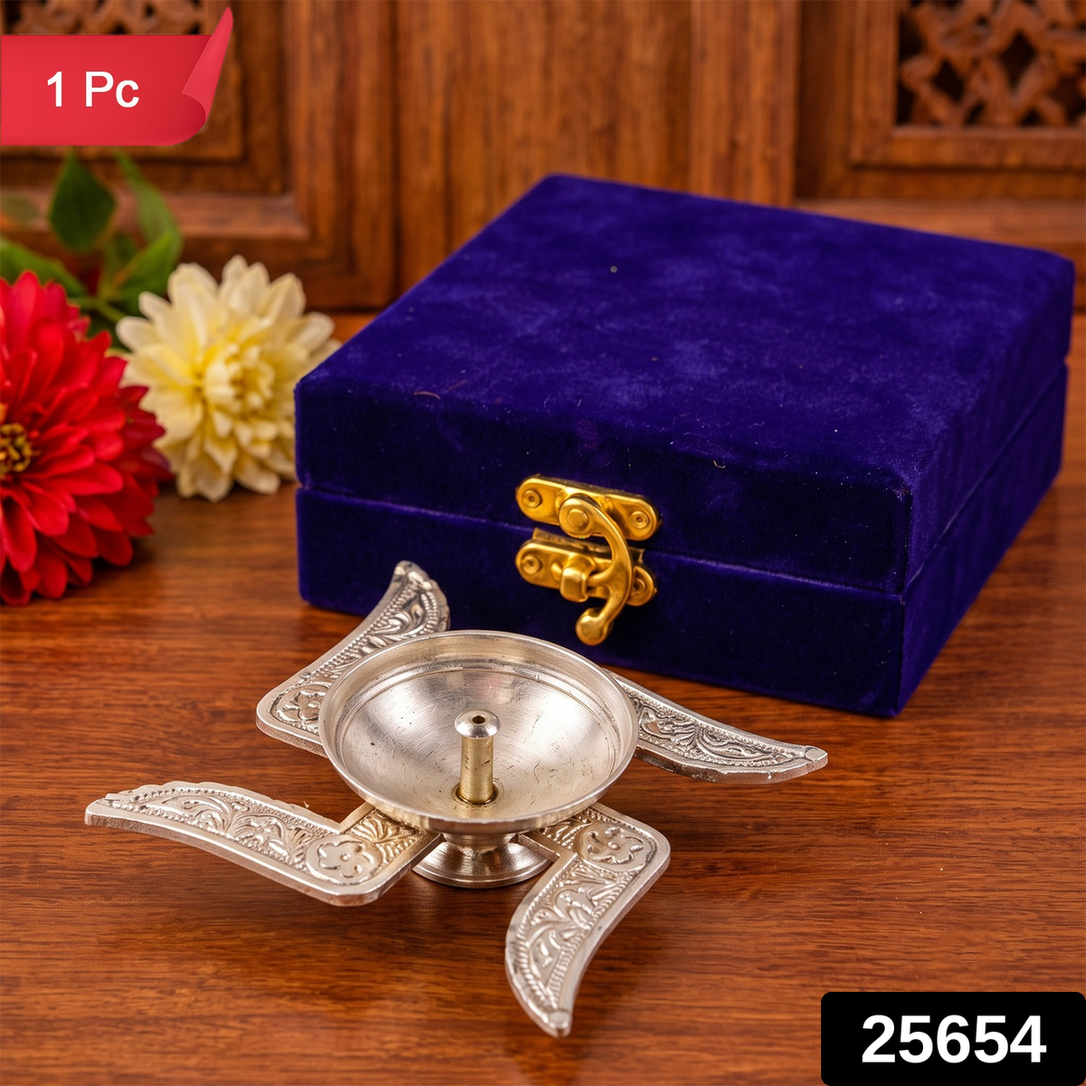 Silver finish traditional Swastik design diya with velvet box 1 Pc label