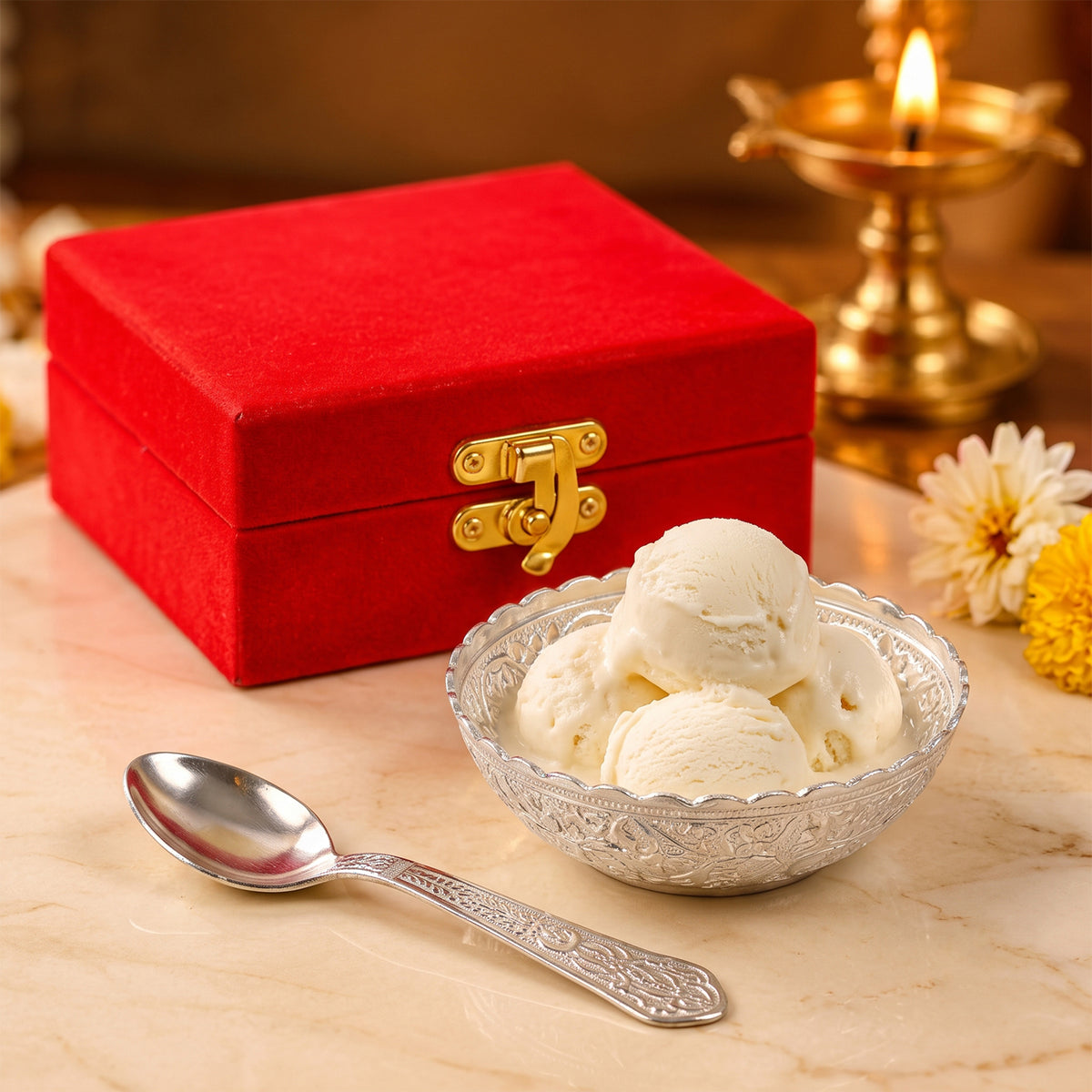 Silver finish floral serving bowl with spoon and velvet box 01