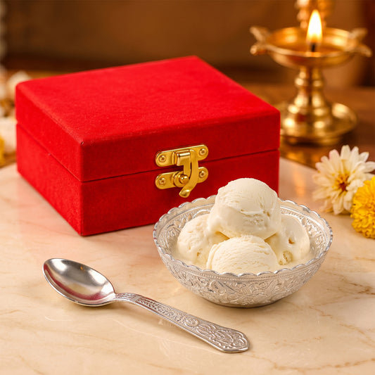 Silver finish floral serving bowl with spoon and velvet box 01